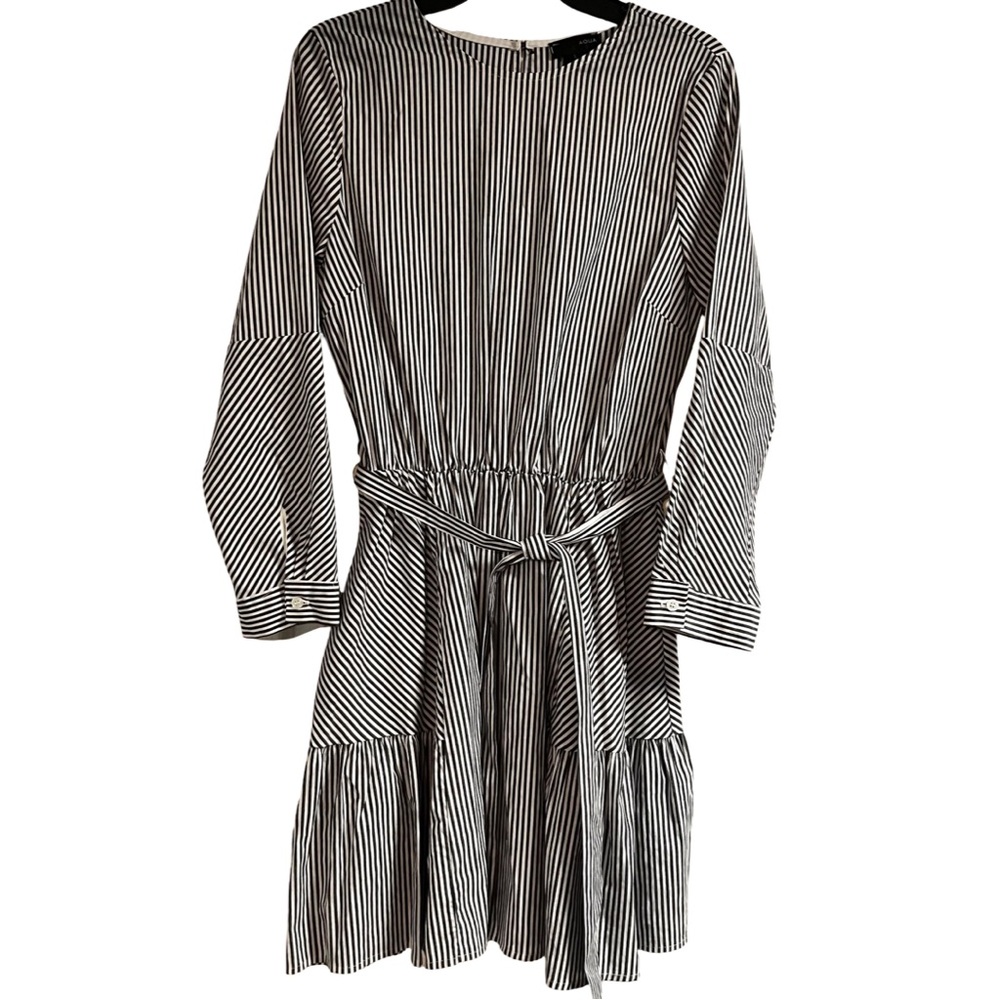 Aqua Gray And‎ White Striped Long Sleeve Sundress Belted, Women's Size Large